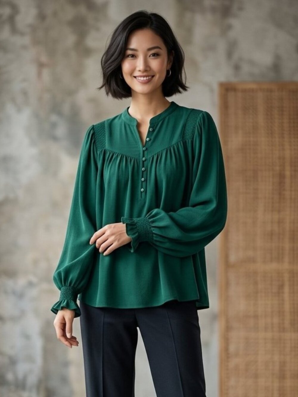 She + Sky NWT Peasant Balloon Sleeve Blouse Size L in Green